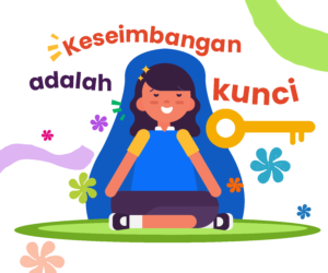 Ilustrasi remaja perempuan duduk bersila, tersenyum, sambil menghela napas