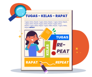 Ilustrasi jadwal kehidupan remaja perempuan yang isinya tugas -kelas- rapat