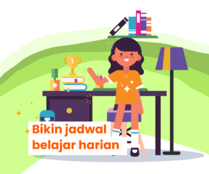 Ilustrasi remaja perempuan duduk di meja belajar sambil tersenyum