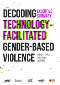 Foto atau gambar grafis yang menampilkan halaman sampul (cover) dari dokumen Executive Summary laporan riset global mengenai Kekerasan Berbasis Gender yang Difasilitasi Teknologi (TFGBV) dengan judul utama "Decoding Technology-Facilitated Gender-Based Violence".